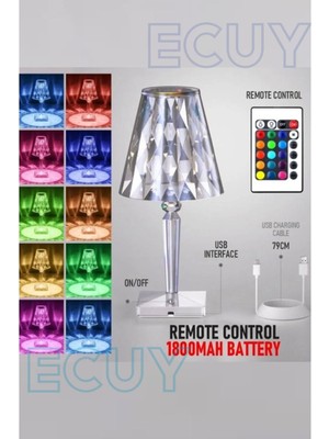 Ecuy Dekoratif Şarjlı Kristal LED Masa ve Gece Lambası Ev Salon Dekor Işığı Kumandalı Kristal Abajur  Rgb