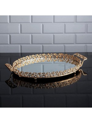 Hinora Pırlanta Taşlı Oval Orta Tepsi Aynalı Metal Kulplu Çay Kahve Sunumluk Çikolata Tepsisi Altın