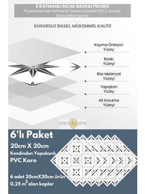 Trendpoint Kendinden Yapışkanlı Pvc Sticker 6ADET 20CM×20CM Mutfak Banyo Duvar Zemin Kaplama