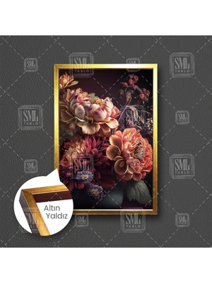 SML Tablo Turuncu Çiçek Demeti Ortanca Gül Dekoratif Çerçeveli Dikey Kanvas Tablo