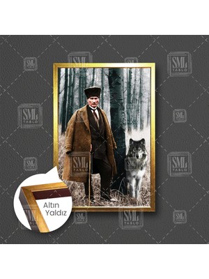 SML Tablo Mustafa Kemal Atatürk Ormanda Asil Kurt Çerçeveli Dikey Kanvas Tablo