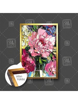SML Tablo Sarı ve Pembe Krizantem Çiçek Buketi Fırça Izleri Çerçeveli Dikey Kanvas Tablo