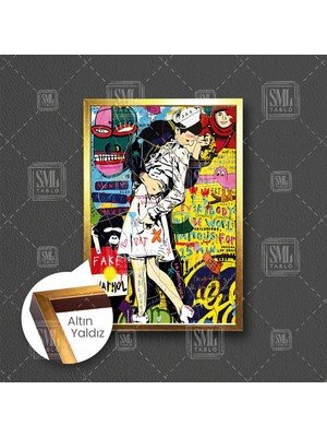 SML Tablo Denizci ve Sevgilisi Veda Öpücüğü Grafitti Çerçeveli Dikey Kanvas Tablo