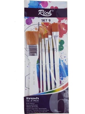 Rich Ahşap Saplı Beyaz Kıl Fırça Seti No:9 6'lı Paket Sanat ve Hobi Çalışmalarına Uygun