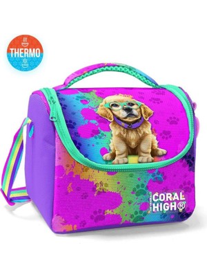 Coral High Mor Pembe Köpek Desenli Thermo Beslenme Çantası 5 Litre Kapasiteli Polyester Malzeme 11882