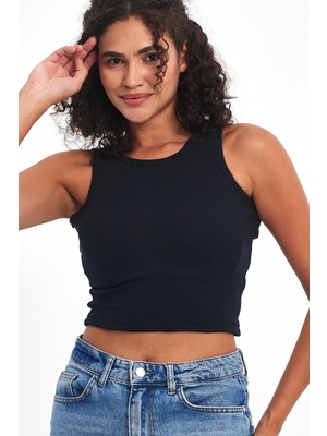 Mmetalic Kadın Lacivert Fitilli Görünümlü Askılı Kalın Esnek Örme Basic Crop Atlet Bluz