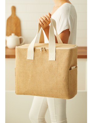 Ocean Home Textile Büyük Boy Jüt Buzluk Termal Piknik Kamp Seyahat Plaj Soğuk Tutan Çanta 35x20x33 cm