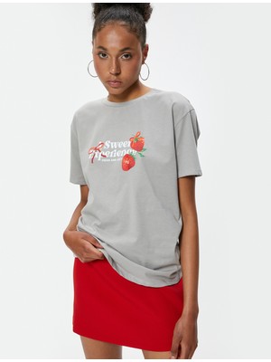 Koton Arkası Baskılı Tişört Bisiklet Yaka Kısa Kollu Pamuklu