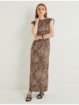 Koton Leopar Desenli Elbise Maksi Kolsuz Bisiklet Yaka