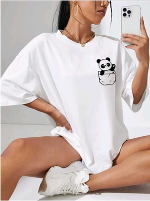 Woodroffe Kadın Panda Baskılı Oversize Salaş T-Shirt