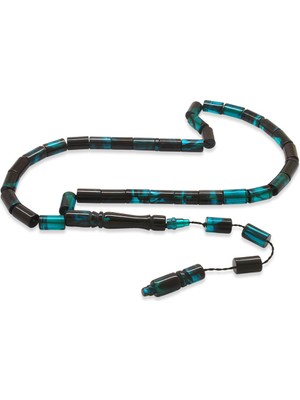 Gümüş Hediye Al Sistemli Kesme Kesim Turkuaz-Siyah Ateş Kehribar Tesbih