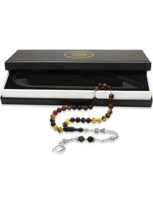 Gümüş Hediye Al Kararmaz Metal Ayyıldız Püsküllü Küre Kesim Bala-Siyah Ateş Kehribar Tesbih