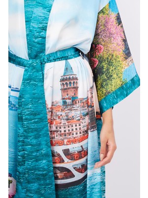 Peraluna Istanbul Kımono Istanbul Manzara Baskılı 125 cm Uzun Saten Kadın Kimono - Çok Renkli