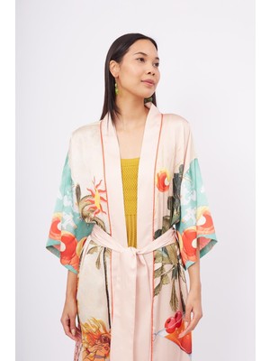 Peraluna Summer Tıme Long Kimono Yaz Desenleri Baskılı 125 cm Uzun Saten Kadın Kimono - Çok Renkli