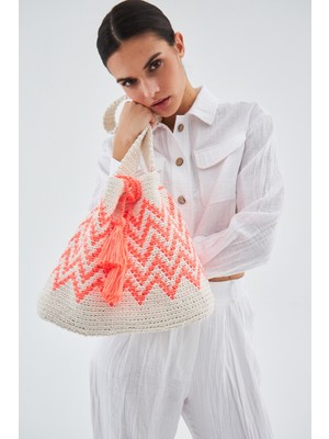 Peraluna MİA BAG %100 Pamuklu El Yapımı Kadın Triko Çanta - Bej/Turuncu