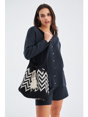 Peraluna MİA BAG %100 Pamuklu El Yapımı Kadın Triko Çanta - Siyah/Ekru