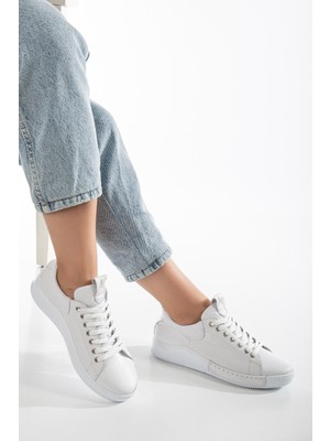 Analin Shoes Kadın Deri Bağcıklı Spor Ayakkabı 2644 Spor Beyaz 36