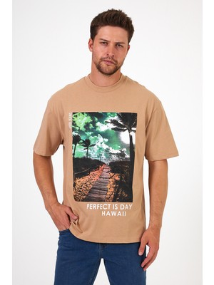 Erkek Bisiklet Yaka Hawaıı Baskılı T-shirt 7021