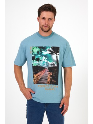 Erkek Bisiklet Yaka Hawaıı Baskılı T-shirt 7021