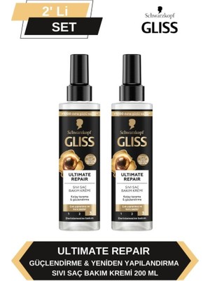 Gliss Ultimate Repair Güçlendirici Sıvı Saç Kremi 200 ml x 2'li Set Isıya Dayanıklı Formül