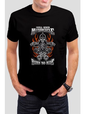 T-35 Motorcu Kuru Kafa Baskılı Siyah Unisex Tişört C457