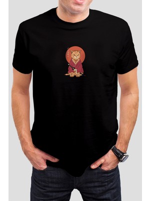 T-35 Samurai Kedi Baskılı Siyah Unisex Tişört C443