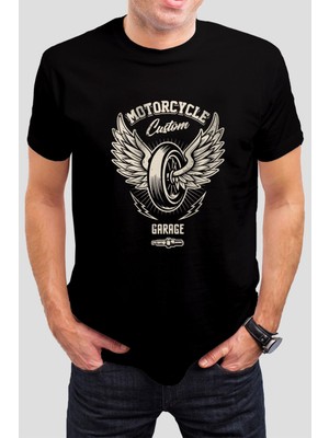 T-35 Melek Kanatlı Tekerlek Baskılı Siyah Unisex Tişört C445