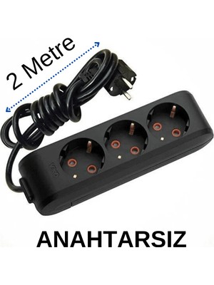 Viko 3'lü Üçlü Priz Topraklı Kablolu Siyah 2 (İki) Metre