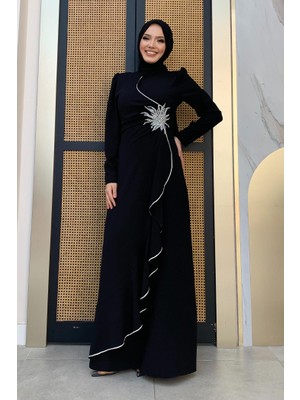 Bym Fashion Bel Kısmı Taş İşlemeli Fırfır Görünümlü Elbise 3894 Siyah