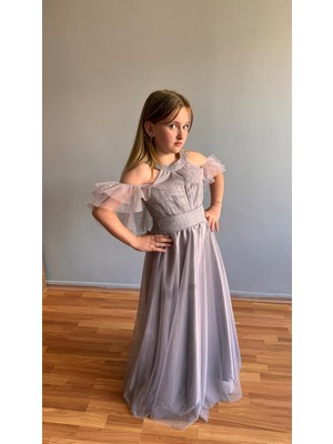 Taha Kids Taşlı Hayal Tül Kız Çocuk Abiye Gri