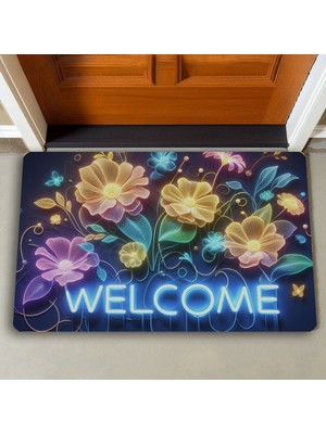 Valerine Life Neon Nilüfer Çiçekleri Welcome Kapı Önü Paspası 45X70CM