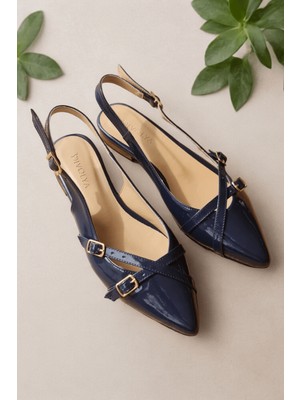 Pably Lacivert Rugan ( 2 cm Topuklu ) Sivri Burun Ayakkabı