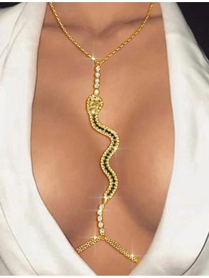 Estilo Lingerie Kristal Siyah Taşlı Gold Kaplama Yılan Vücut Aksesuarı Göğüs Bikini Sütyen Zinciri Gold Kaplama