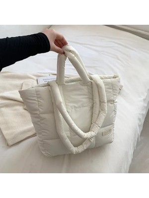 2Xuqingfeng Beyaz Tasarımcı Kabarık Omuz Çantası Kadın Kapitone Uzay Pamuk Aşağı Tüy Yastıklı Büyük Kapasiteli Çanta Kış Alışveriş Tote Bolsas (Yurt Dışından)