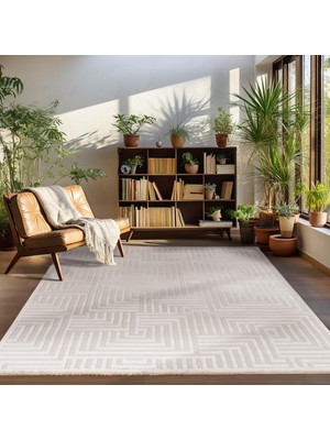 Carpettex Halı Kabartmalı Yumuşak Geometrik Desenli Iskandinav Bohem Tarzı Halı Bej Tonlarında