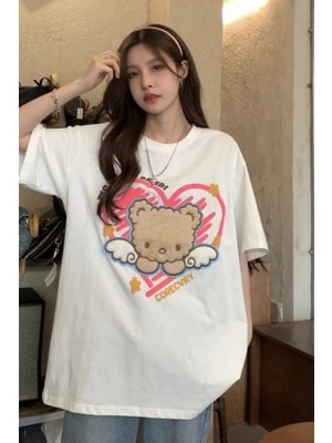 Touz Moda Retro Cute Bear Baskılı Beyaz Unisex Oversize T-Shirt