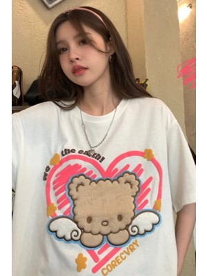 Touz Moda Retro Cute Bear Baskılı Beyaz Unisex Oversize T-Shirt