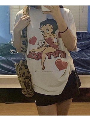 Touz Moda Red Cute Betty Boop Baskılı Beyaz T-Shirt