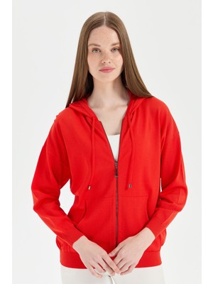 Desen Triko Kadın Triko Kapüşonlu Yazlık Hırka Mercan