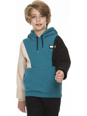 Perendi Kapüşonlu Parçalı Erkek Çocuk Sweatshirt Petrol Uzun Kol Antibakteriyel Tasarım
