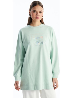 LC Waikiki Modest Bisiklet Yaka Baskılı Kadın Sweatshirt Tunik