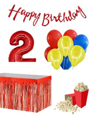 Parti Furyası 2 Yaş  Kırmızı  Balon Rakam Folyo Banner Mısır Kutusu Masa Eteği Doğum Günü Parti Seti