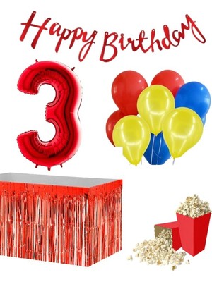 Parti Furyası 3 Yaş  Kırmızı   Balon Rakam Folyo Banner Mısır Kutusu Masa Eteği Doğum Günü Parti Seti