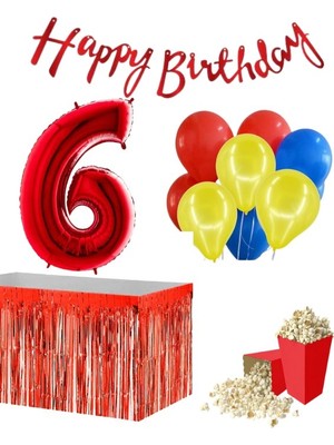 Parti Furyası 6 Yaş  Kırmızı  Balon Rakam Folyo Banner Mısır Kutusu Masa Eteği Doğum Günü Parti Seti
