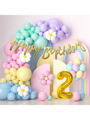 Parti Furyası Makaron Balonlar 2 yaş Doğum Günü Konsepti Rakam Folyo Banner ve 50 Balonlu Süsleme Seti Parti Eğlence Kutlama