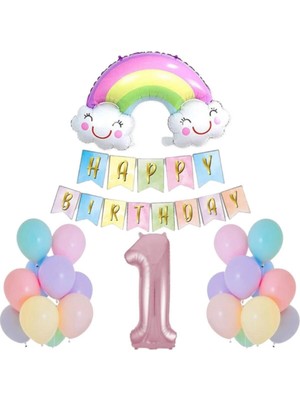Parti Furyası Makaron Gökkuşağı 1 Yaş Doğum Günü Parti Seti,rakam,gökkuşağı Folyo,banner ve 15 Adet Balon