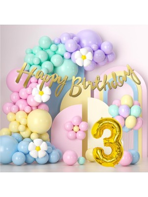 Parti Furyası Makaron Balonlar 3 yaş Doğum Günü Konsepti Rakam Folyo Banner ve 50 Balonlu Süsleme Seti Parti Eğlence Kutlama