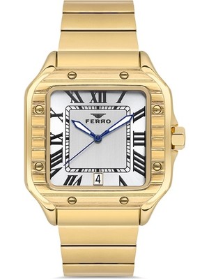 Ferro Quartz Çelik Altın Rengi Köşeli Kasa 40 mm Erkek Kol Saati