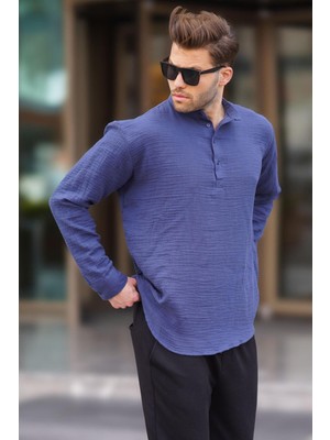 Madmext Erkek Lacivert Müslin Uzun Kollu Gömlek 6742