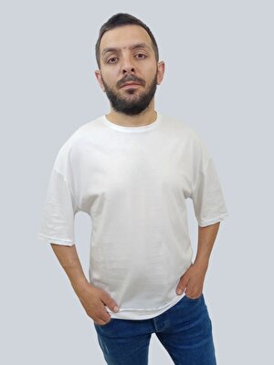 Daniel Milano Erkek Plain Oversize Bisiklet Yaka Beyaz Tişört